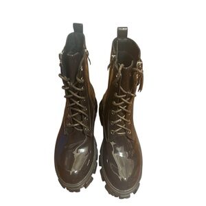 Azalea wang Glossy Brown Lace-Up Combat Boots